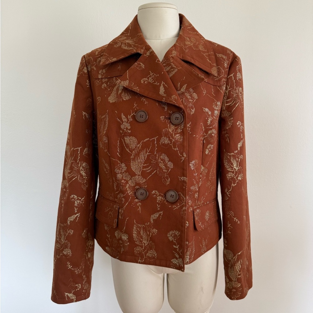 Apostrophe Rust Floral Jacquard Blazer Double Breasted Jacket Vintage Style - Picture 3 of 15